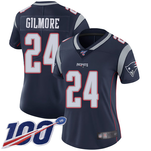Patriots #24 Stephon Gilmore Navy Blue Team Color Women's Stitched Football 100th Season Vapor Limited Jersey