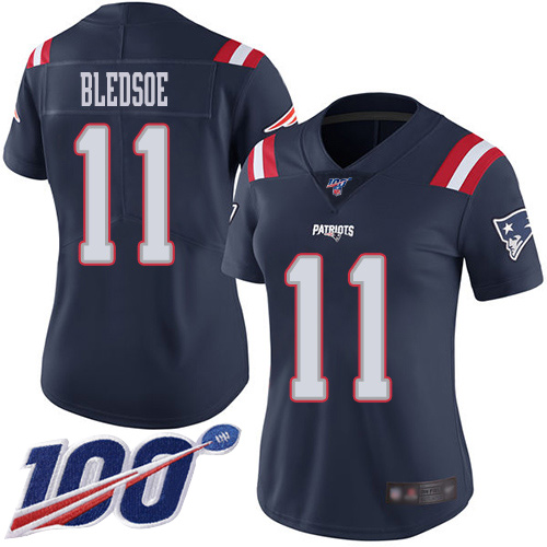 Patriots #11 Drew Bledsoe Navy Blue Women's Stitched Football Limited Rush 100th Season Jersey