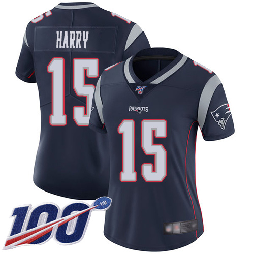 Patriots #15 N'Keal Harry Navy Blue Team Color Women's Stitched Football 100th Season Vapor Limited Jersey