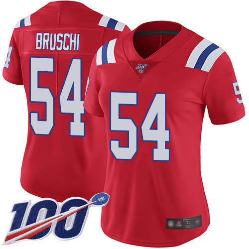 Patriots #54 Tedy Bruschi Red Alternate Women's Stitched Football 100th Season Vapor Limited Jersey