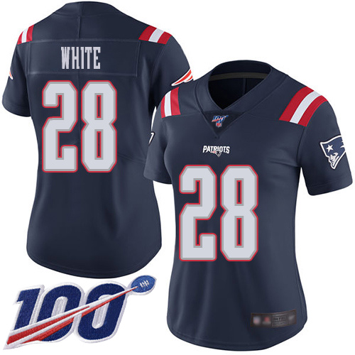 Patriots #28 James White Navy Blue Women's Stitched Football Limited Rush 100th Season Jersey