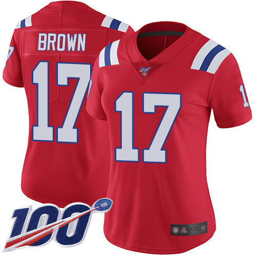 Patriots #17 Antonio Brown Red Alternate Women's Stitched Football 100th Season Vapor Limited Jersey