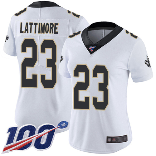 Saints #23 Marshon Lattimore White Women's Stitched Football 100th Season Vapor Limited Jersey