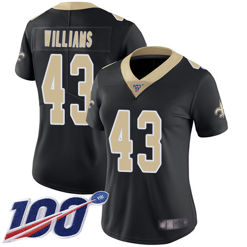 Saints #43 Marcus Williams Black Team Color Women's Stitched Football 100th Season Vapor Limited Jersey