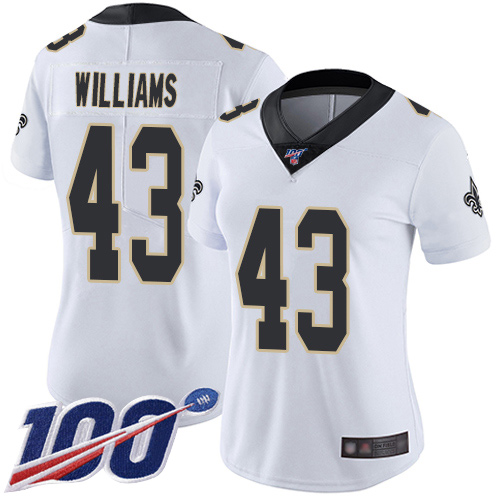 Saints #43 Marcus Williams White Women's Stitched Football 100th Season Vapor Limited Jersey