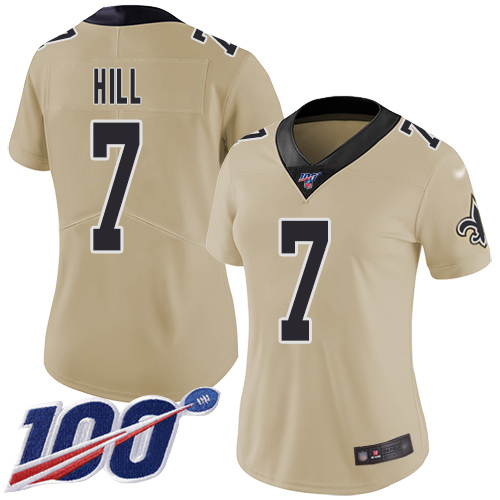 Saints #7 Taysom Hill Gold Women's Stitched Football Limited Inverted Legend 100th Season Jersey