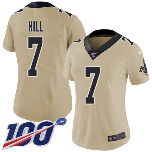 Saints #7 Taysom Hill Gold Women's Stitched Football Limited Inverted Legend 100th Season Jersey Saints #7 Taysom Hill Gold Women's Stitched Football Limited Inverted Legend 100th Season Jersey