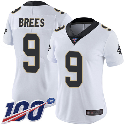 Saints #9 Drew Brees White Women's Stitched Football 100th Season Vapor Limited Jersey