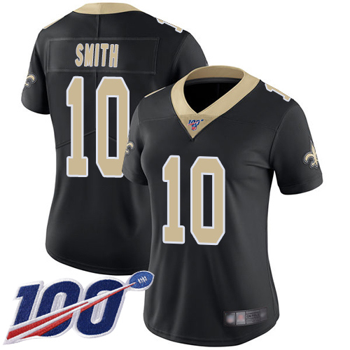 Saints #10 Tre'Quan Smith Black Team Color Women's Stitched Football 100th Season Vapor Limited Jersey