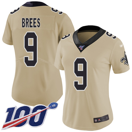 Saints #9 Drew Brees Gold Women's Stitched Football Limited Inverted Legend 100th Season Jersey