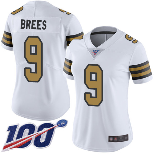 Saints #9 Drew Brees White Women's Stitched Football Limited Rush 100th Season Jersey