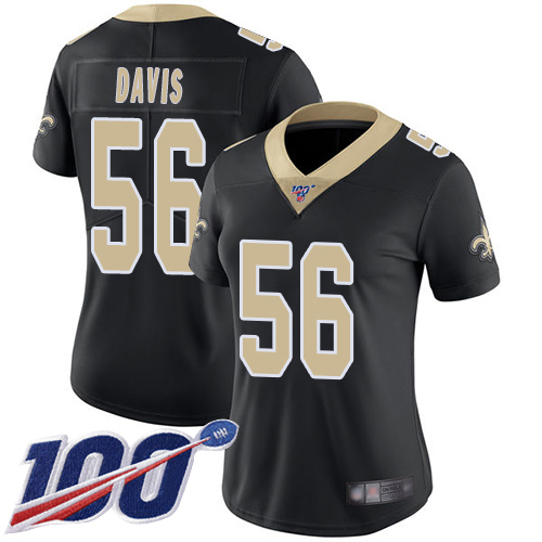 Saints #56 DeMario Davis Black Team Color Women's Stitched Football 100th Season Vapor Limited Jersey