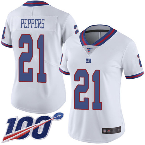 Giants #21 Jabrill Peppers White Women's Stitched Football Limited Rush 100th Season Jersey