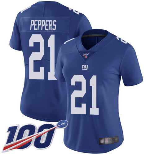 Giants #21 Jabrill Peppers Royal Blue Team Color Women's Stitched Football 100th Season Vapor Limited Jersey