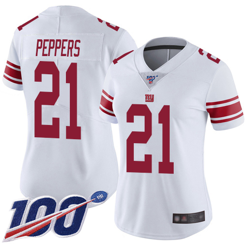 Giants #21 Jabrill Peppers White Women's Stitched Football 100th Season Vapor Limited Jersey