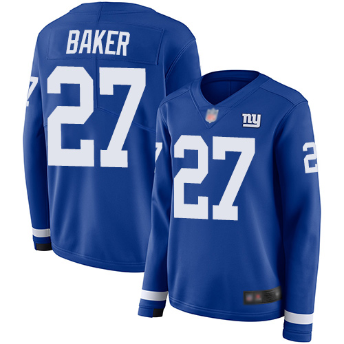 Giants #27 Deandre Baker Royal Blue Team Color Women's Stitched Football Limited Therma Long Sleeve Jersey Giants #27 Deandre Baker Royal Blue Team Color Women's Stitched Football Limited Therma Long Sleeve Jersey