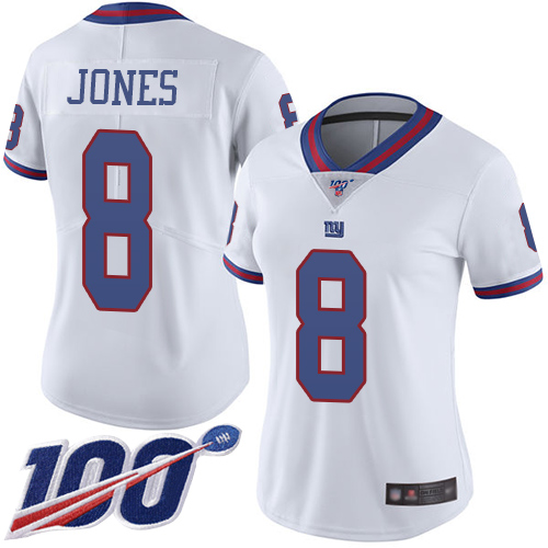 Giants #8 Daniel Jones White Women's Stitched Football Limited Rush 100th Season Jersey