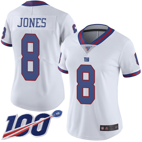 Giants #8 Daniel Jones White Women's Stitched Football Limited Rush 100th Season Jersey Giants #8 Daniel Jones White Women's Stitched Football Limited Rush 100th Season Jersey