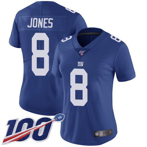 Giants #8 Daniel Jones Royal Blue Team Color Women's Stitched Football 100th Season Vapor Limited Jersey