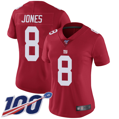 Giants #8 Daniel Jones Red Alternate Women's Stitched Football 100th Season Vapor Limited Jersey