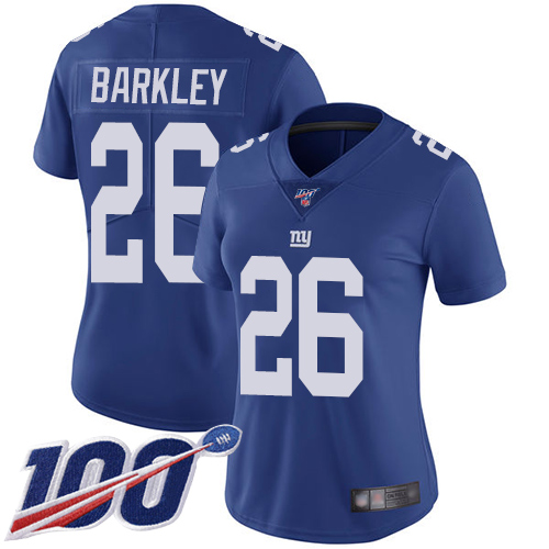 Giants #26 Saquon Barkley Royal Blue Team Color Women's Stitched Football 100th Season Vapor Limited Jersey