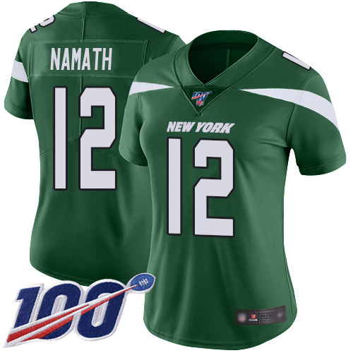Jets #12 Joe Namath Green Team Color Women's Stitched Football 100th Season Vapor Limited Jersey