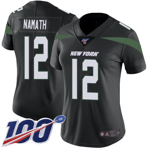 Jets #12 Joe Namath Black Alternate Women's Stitched Football 100th Season Vapor Limited Jersey