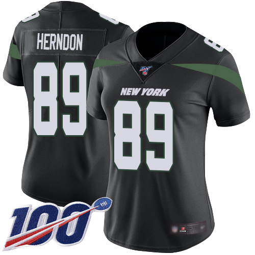 Jets #89 Chris Herndon Black Alternate Women's Stitched Football 100th Season Vapor Limited Jersey