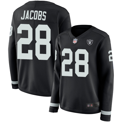 Nike Raiders #28 Josh Jacobs Black Team Color Women's Stitched NFL Limited Therma Long Sleeve Jersey