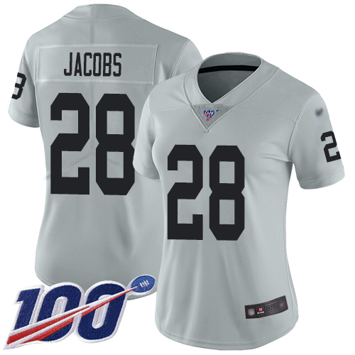 Raiders #28 Josh Jacobs Silver Women's Stitched Football Limited Inverted Legend 100th Season Jersey