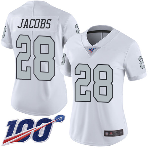 Raiders #28 Josh Jacobs White Women's Stitched Football Limited Rush 100th Season Jersey