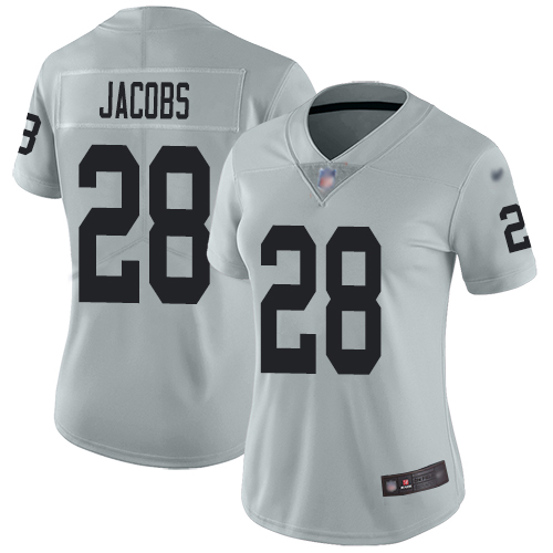 Raiders #28 Josh Jacobs Silver Women's Stitched Football Limited Inverted Legend Jersey