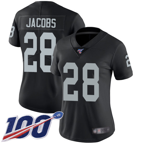 Raiders #28 Josh Jacobs Black Team Color Women's Stitched Football 100th Season Vapor Limited Jersey