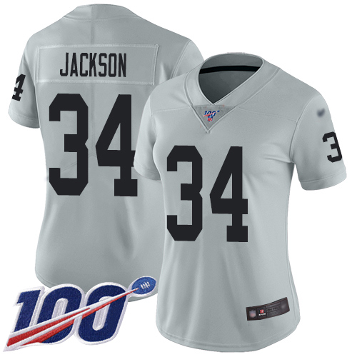 Raiders #34 Bo Jackson Silver Women's Stitched Football Limited Inverted Legend 100th Season Jersey