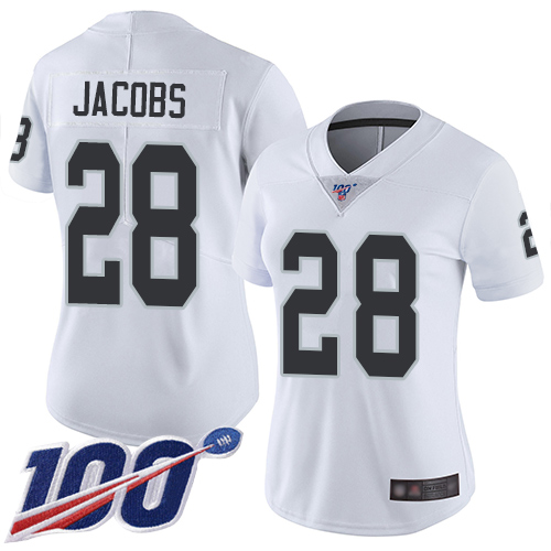 Raiders #28 Josh Jacobs White Women's Stitched Football 100th Season Vapor Limited Jersey
