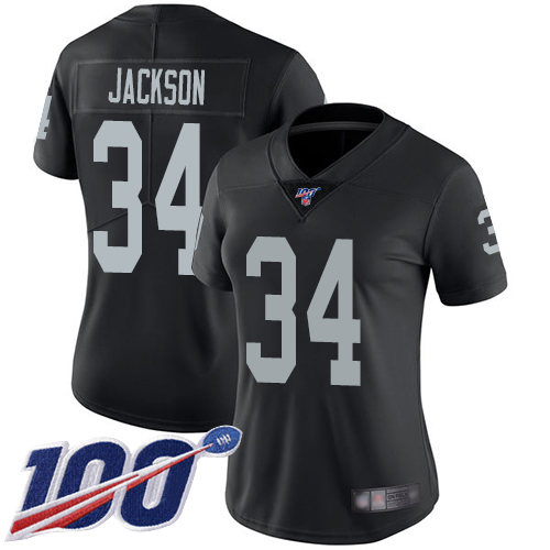 Raiders #34 Bo Jackson Black Team Color Women's Stitched Football 100th Season Vapor Limited Jersey