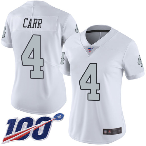 Raiders #4 Derek Carr White Women's Stitched Football Limited Rush 100th Season Jersey Raiders #4 Derek Carr White Women's Stitched Football Limited Rush 100th Season Jersey
