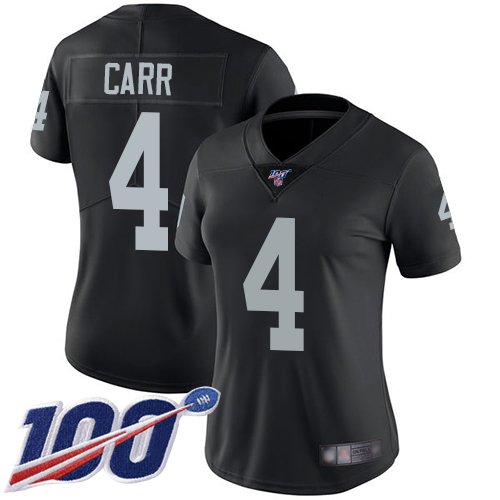 Raiders #4 Derek Carr Black Team Color Women's Stitched Football 100th Season Vapor Limited Jersey