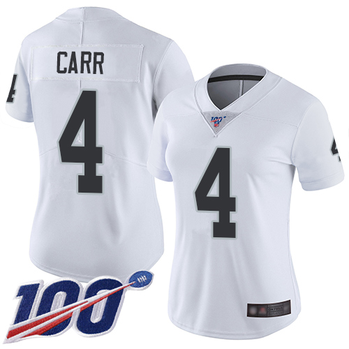 Raiders #4 Derek Carr White Women's Stitched Football 100th Season Vapor Limited Jersey