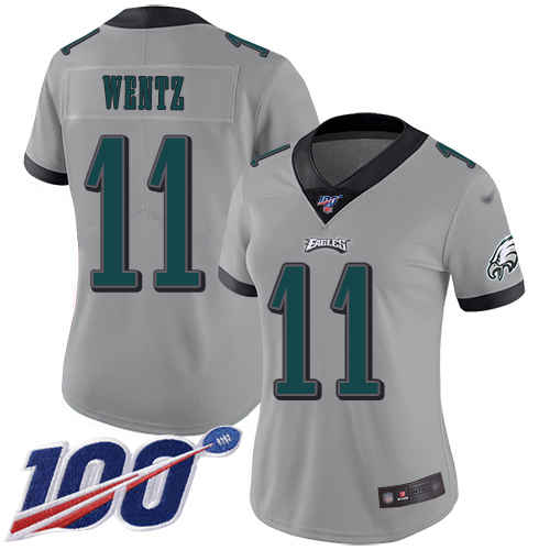Eagles #11 Carson Wentz Silver Women's Stitched Football Limited Inverted Legend 100th Season Jersey