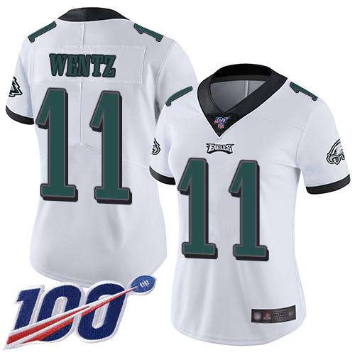 Eagles #11 Carson Wentz White Women's Stitched Football 100th Season Vapor Limited Jersey