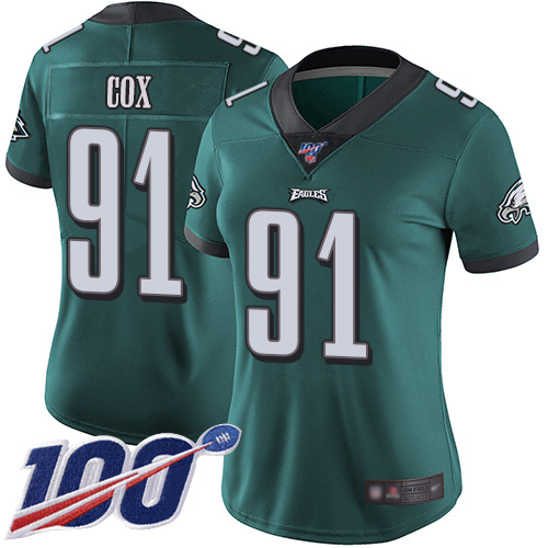 Eagles #91 Fletcher Cox Midnight Green Team Color Women's Stitched Football 100th Season Vapor Limited Jersey
