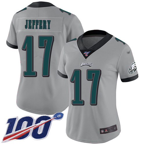 Eagles #17 Alshon Jeffery Silver Women's Stitched Football Limited Inverted Legend 100th Season Jersey