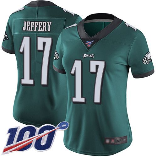 Eagles #17 Alshon Jeffery Midnight Green Team Color Women's Stitched Football 100th Season Vapor Limited Jersey