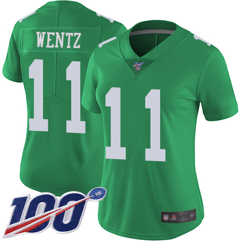 Eagles #11 Carson Wentz Green Women's Stitched Football Limited Rush 100th Season Jersey
