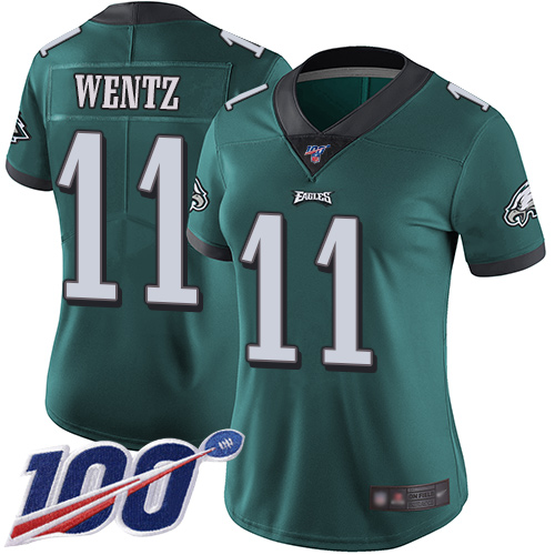 Eagles #11 Carson Wentz Midnight Green Team Color Women's Stitched Football 100th Season Vapor Limited Jersey