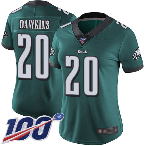 Eagles #20 Brian Dawkins Midnight Green Team Color Women's Stitched Football 100th Season Vapor Limited Jersey