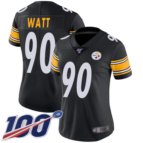 Steelers #90 T. J. Watt Black Team Color Women's Stitched Football 100th Season Vapor Limited Jersey