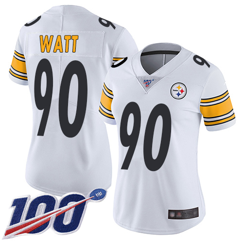 Steelers #90 T. J. Watt White Women's Stitched Football 100th Season Vapor Limited Jersey