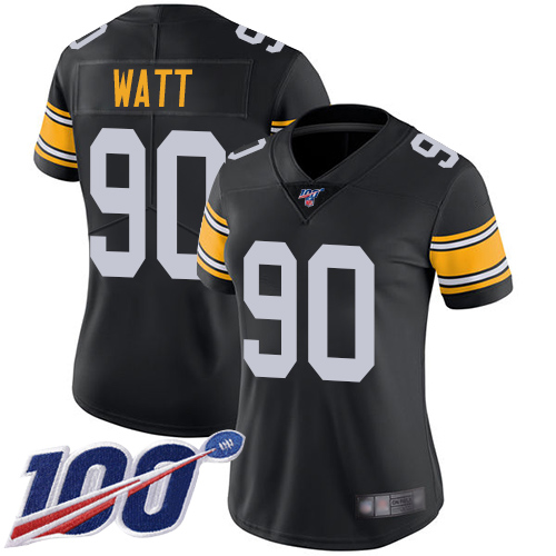 Steelers #90 T. J. Watt Black Alternate Women's Stitched Football 100th Season Vapor Limited Jersey